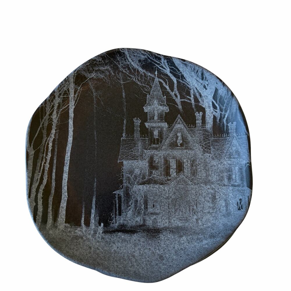 Halloween Haunted House Salad Plates 8in Matte Black 4pc Made in Columbia NEW